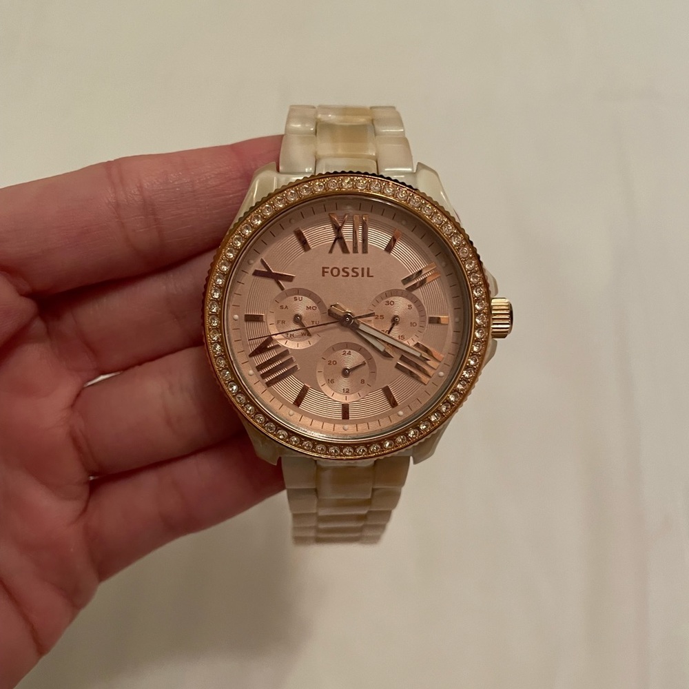 Cecile Multi-Function Rose Dial Horne Acetace Ladies Watch AM4558.